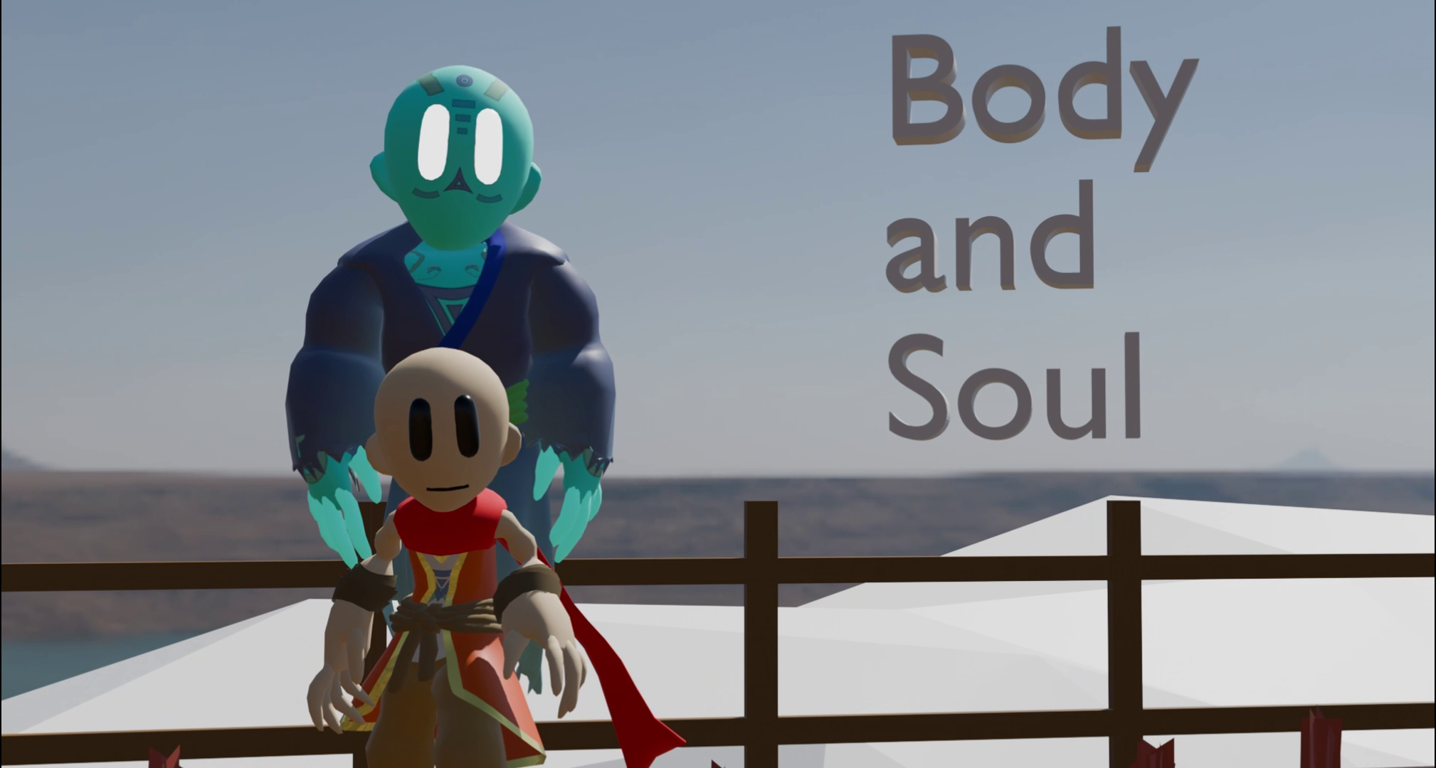 Text stating 'Body and Soul' appear next to a monk and a large spirit hovering behind him